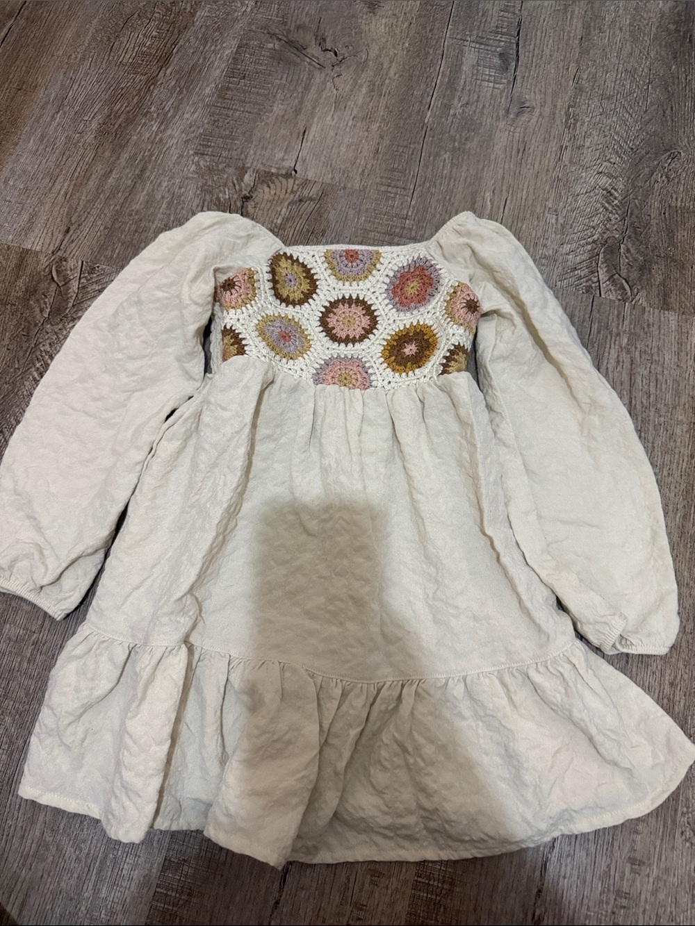 Cream Long-Sleeve Girls Dress with Crochet Yoke
